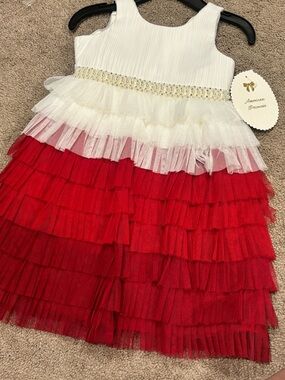 American Princess NWT Girl’s Size 3T Formal White‎ Top Red Tiered Tulle Dress